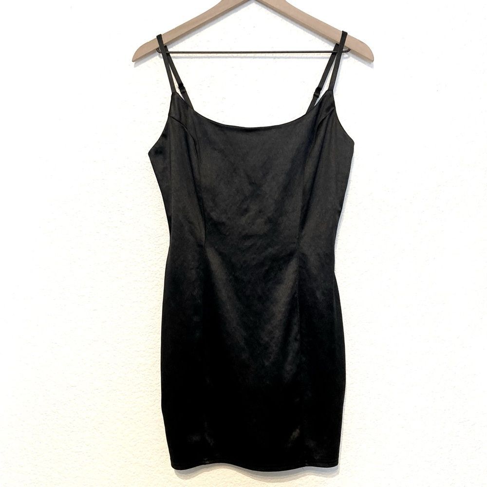 Better Be Black Satin Bodycon Slip Mini Dress Large
